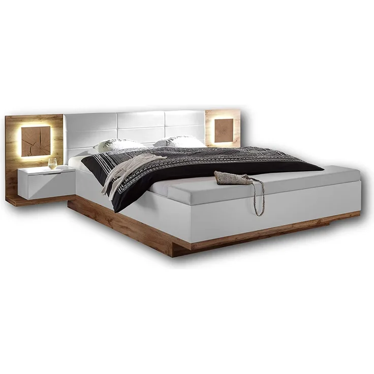 Doppelbett Nachtkommoden CAPRI XL Bett Ehebett Fussbank 180 x 200 weiß Wildeiche