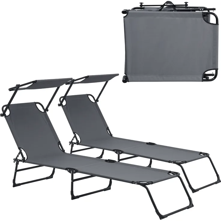 casa.pro Sonnenliege [2er Set] klappbar 190cm dunkelgrau mit verstellbarem Sonnendach, Stahlrahmen, platzsparend und transportabel