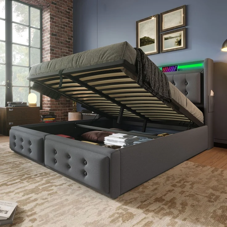 EINHOM Polsterbett 160x200 cm mit Hydraulisches, Doppelbett mit Led-Kopfteil, Baumwolle, Grau (Ohne Matratze) – Bild 7