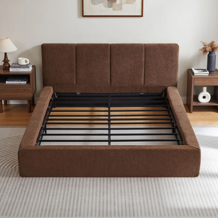 LVHOM Polsterbett 140 x 200cm, Doppelbett mit gepolstertem Kopfteil, Bettgestell mit verstärktem Stahlrahmen, Chenille, Braun – Bild 8