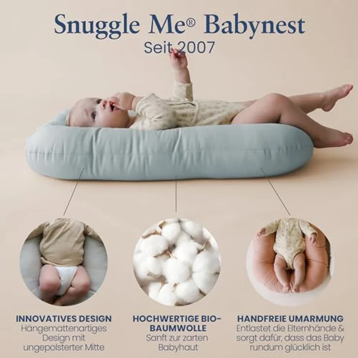Snuggle Me® Babynest (0-9 Monate) - Premium Babynestchen Neugeborene, Bio-Baumwolle mit Faserfüllung, Ungepolsterte Mitte, die Umarmungen imitiert, 100% Maschinenwaschbar, Inkl. Reisetasche (Slate) – Bild 3