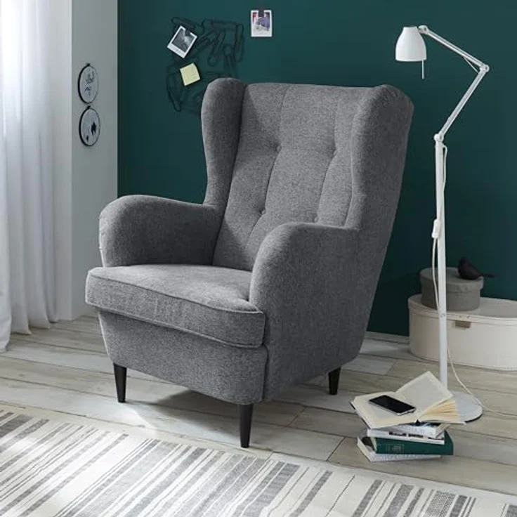 OSKAR Ohrensessel inkl. Fußhocker, Anthrazit - Vintage Wohnzimmer Sessel Set mit Massivholz Füßen - 78 x 102 x 98 cm (B/H/T) – Bild 4
