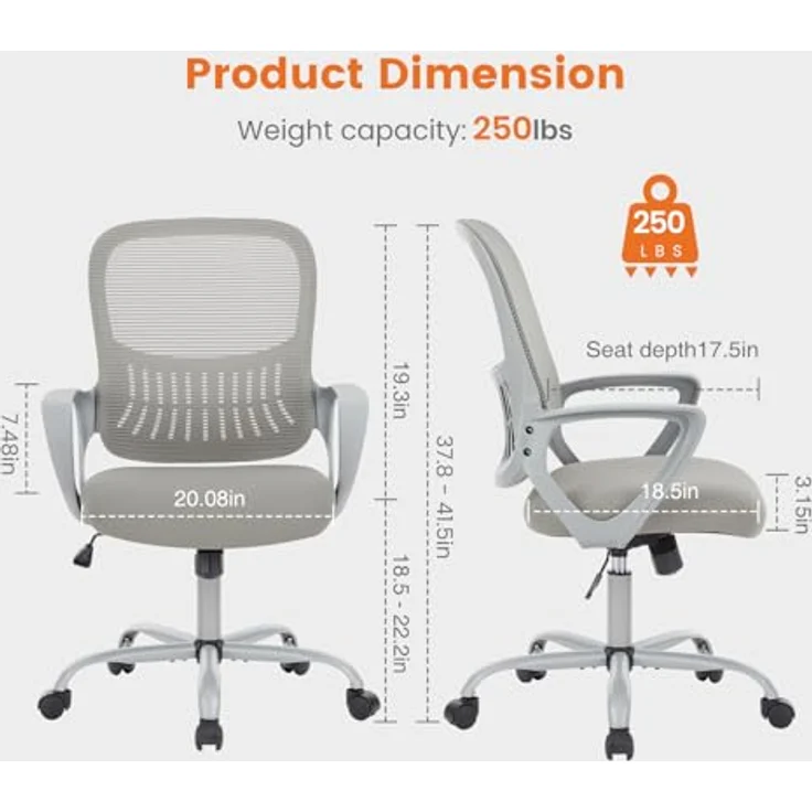 Sweetcrispy Bürostuhl Ergonomisch, Schreibtischstuhl mit Lendenwirbelstütze, Verstellbaren Armlehnen Drehstuhl, Höhenverstellbarer Office Chair, Bürostühle Geeignet für Büro und Schlafzimmer (Grau) – Bild 3