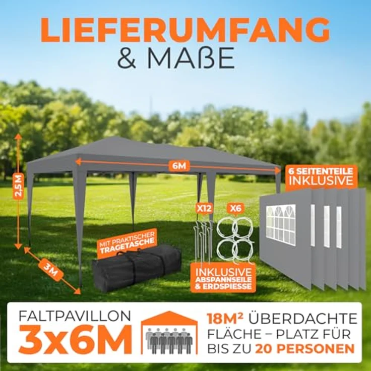 Kronenburg Faltpavillon wasserdicht Pavillon mit 6 Seitenteilen, Gartenzelt, 3x6 m - mit UV Schutz 50+, Grau – Bild 3