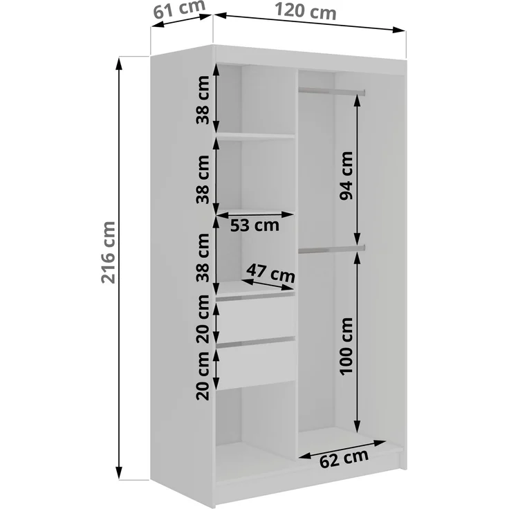 Kleiderschrank LAOS 120 cm Schiebetürenschrank Weiß mit Akustikpaneel-Design (Lamellen) Schwarz & Spiegel, Inkl. Innenausstattung - mit Schubladen – Bild 5