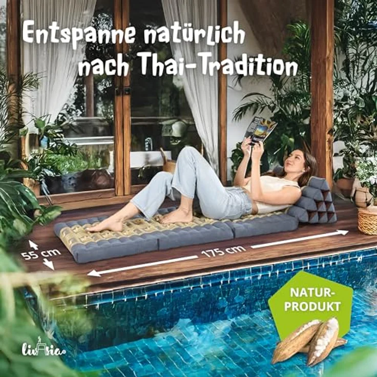 livasia Sitzsack Thaikissen 3 Auflagen (Deluxe) vegan und handgefertigt, 175x55x8cm, Kapok – Bild 3