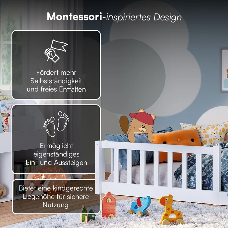 Bellabino 'Vere' Bodenbett 80x160 cm mit Matratze, weiß, Massivholz Kiefer, Montessori Kinderbett mit Rausfallschutz und Lattenrost – Bild 5