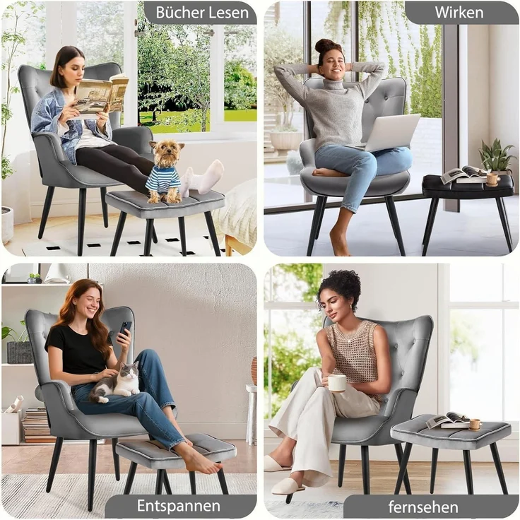 Sessel Ohrensessel Samt Relaxsessel Fußstütze mit Hocker Grau – Bild 3