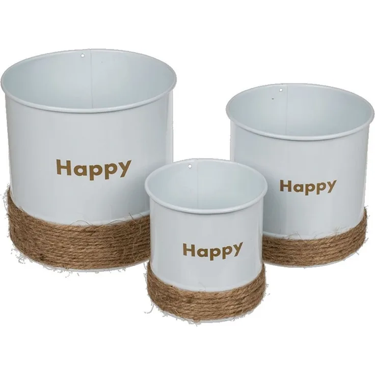 Drei Blumentöpfe aus Metall in weiß Ø ca. 12, 10 und 8cm mit Jutedeko Metalltöpfe Happy