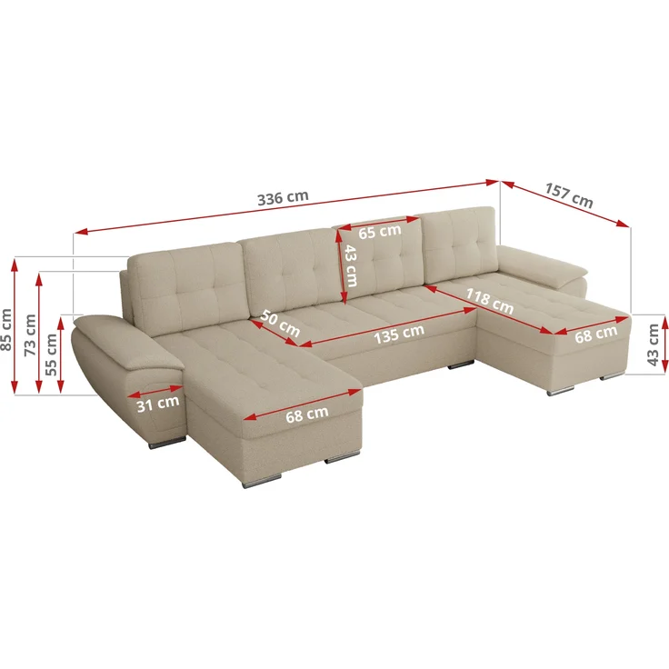 U-förmiges Ecksofa mit Schlaffunktion, genähter Sitz, zwei Armlehnen und losen Kissen - UMBRIA U - Beige Boucle – Bild 7