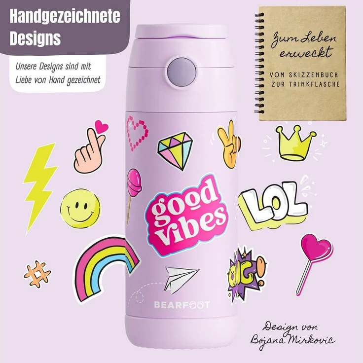 BEARFOOT Trinkflasche Thermo Kinder Trinkflasche Edelstahl - Sticker lila, Thermosflasche, auslaufsicher, Edelstahl, Kinderflasche, BPA-frei – Bild 4