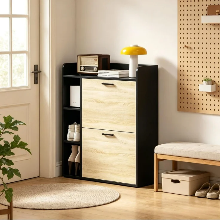 DESVIAE Garderobenschrank für Schuhe Schwarz/Naturholz aus Partikelplatte – 83x90,5x24 cm – 2 Kippschränke – Bild 8
