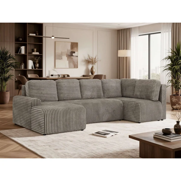 U-förmiges Sofa NESSARO COR U mit Schlaffunktion und Bettkasten, Freistehende Wohnlandschaft, DL-System, Bonellfederkern - Hellbraun Cord - Rechts Seite – Bild 1