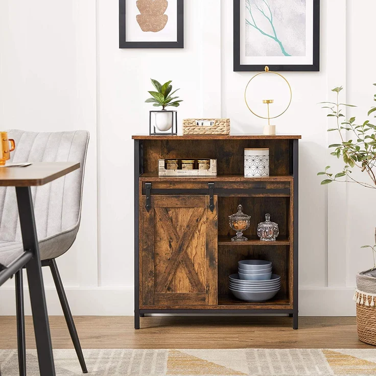 VASAGLE Sideboard, Küchenschrank mit Schiebetür, offenes Fach, verstellbare Ablage, industriell, für Flur, Wohnzimmer, Küche, Arbeitszimmer, vintagebraun-schwarz LSC089B01 – Bild 7
