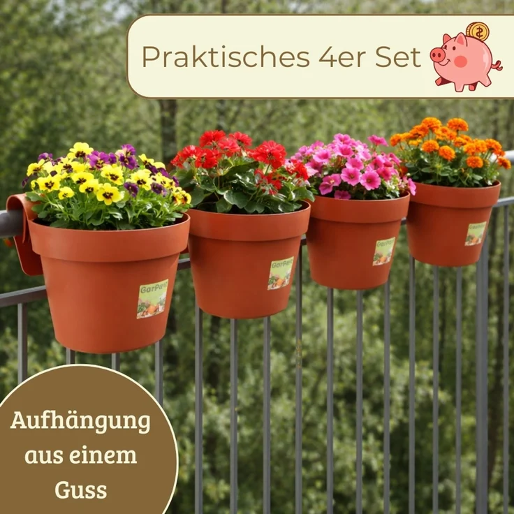 4er Set Geländertopf Balkon mit Wasserspeicher Blumentopf Zaun Blumenkasten Geländer Geländerkasten Balkontopf Balkonkasten Balkon Blumenkasten Geländer Terracotta – Bild 9