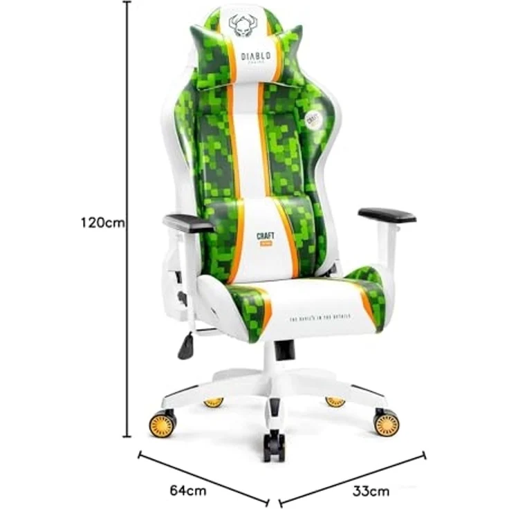 Diablo Chairs X-One 2.0 Craft Edition Kleiner Gaming-Drehstuhl ergonomischer Schreibtischstuhl mit Lendenkissen und Kopfstütze Rückenlehnenverstellung aus Kunstleder 64 x 33 x 120 cm Grün-Weiß – Bild 2