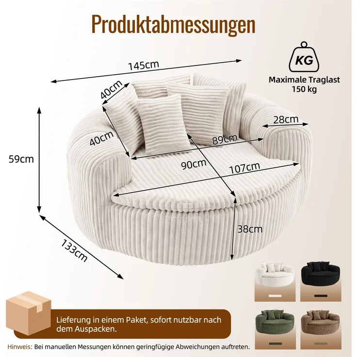 Abrihome Sitzsack mit Armlehnen und Rückenkissen, Beige, 145x133x59 cm – Bild 3