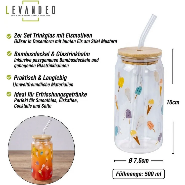 Levandeo® Glas, 2er Set Trinkglas 500ml Eis am Stiel Glas-Strohhalm Deckel – Bild 3
