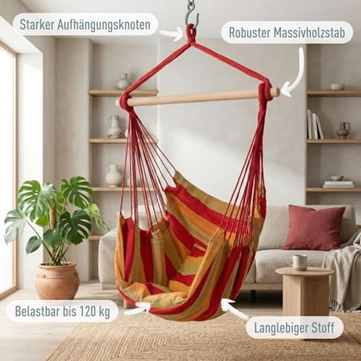 ib style Hängematte Kalea Hängesessel Cappuccino, Hängestuhl mit 2 Kissen und Zubehör - bis 120kg belastbar – Bild 4
