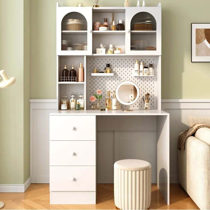 Schreibtisch 100 x 55 x 180 cm mit Pinnwand, Glasfronten und 3 Schubladen – MDF, Weiß – Bild 5
