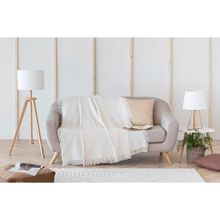 Todocama Mehrzweck-Tagesdecke, Tagesdecke, Überwurf für Bett, Sofaüberwurf, Jarapas, einfarbig (125x180 cm, cremefarben). – Bild 7