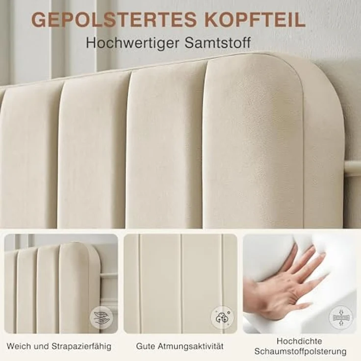 VECELO Polsterbett 140x200 cm, Doppelbett mit Höhenverstellbarem Kopfteil, Samtbezug und Stabiler Lattenrost, Geräuschfrei, Einfache Montage, für Schlafzimmer und Gästezimmer, Beige – Bild 4