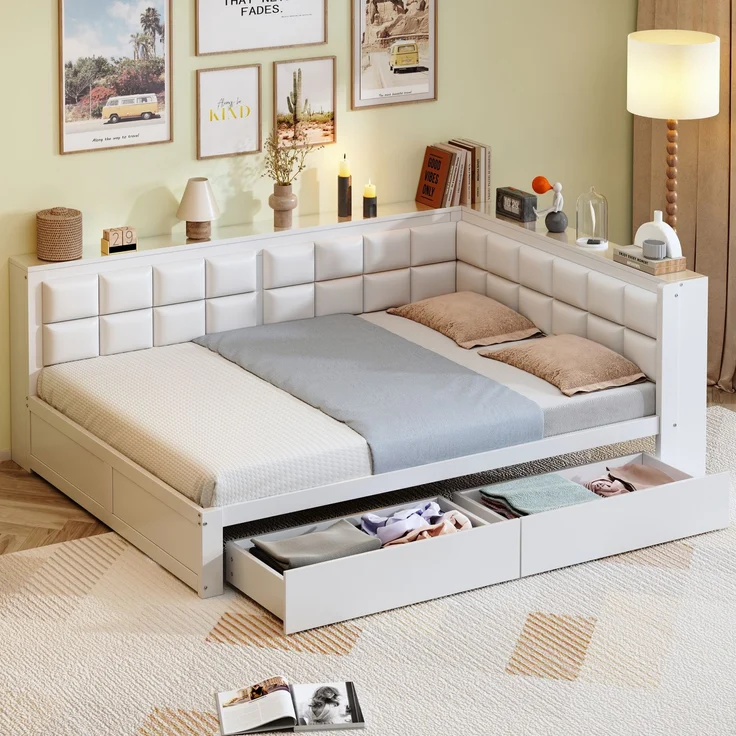 Sofa-Holzbett, 140 x 200, multifunktionales Bett mit weicher Rückenlehne, großer Stauraumschublade, Einzelbett, Jugendbett, Holzbett aus Kiefernholz, Holz, Weiß, 140 x 200 cm – Bild 2