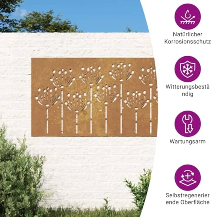 vidaXL Garten-Wanddeko, 105x55 cm Cortenstahl mit Blumen-Design, wetterfest und korrosionsbeständig – Bild 4