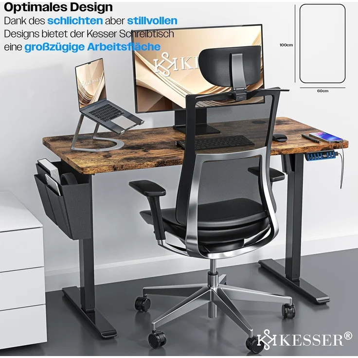 KESSER® Höhenverstellbarer Schreibtisch elektrisch | Ergonomisch Steh-Sitz Schreibtisch | 3-Funktions-Memory Steuerung | Inkl. 360° Rollen & USB-Ladeanschluss | Computertisch für Homeoffice Braun, 100 x 60 cm – Bild 3