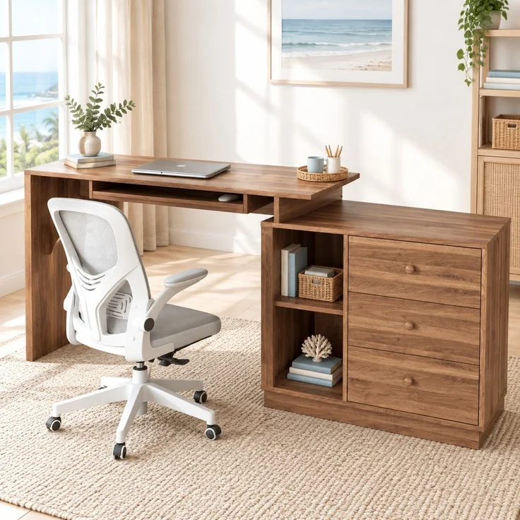 Schreibtisch 110x40x75,5 cm mit ausziehbarer Platte, Tastaturauszug und 3 Schubladen, Walnussholzdekor – Bild 2