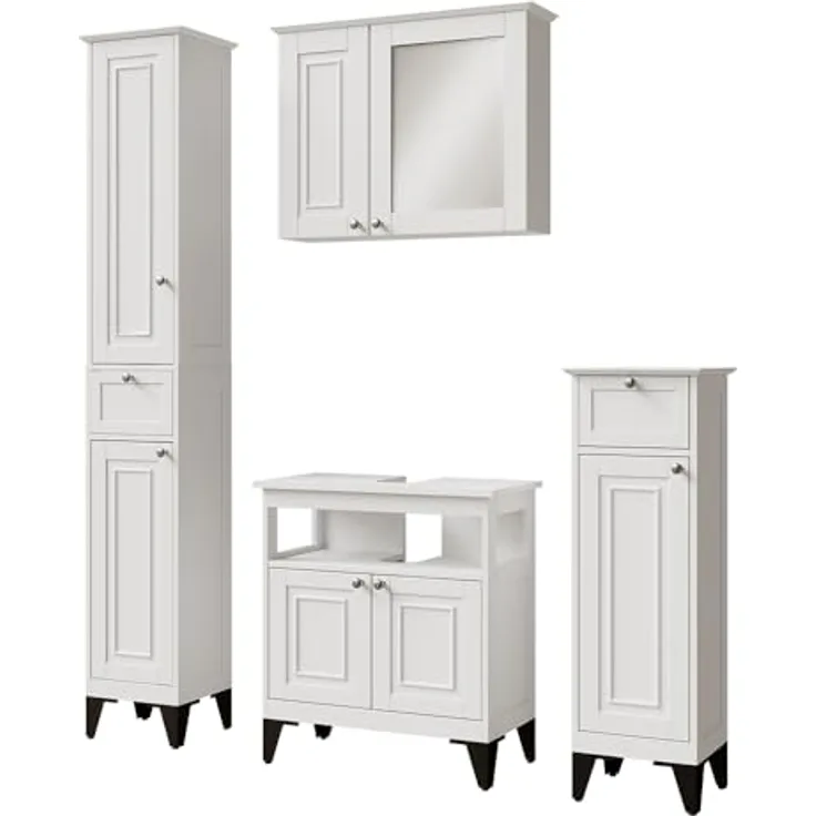 Vichy Badmöbelset Vanity, 4-teiliges Badezimmermöbelset in Weiss mit Waschbecken und Spiegelschrank
