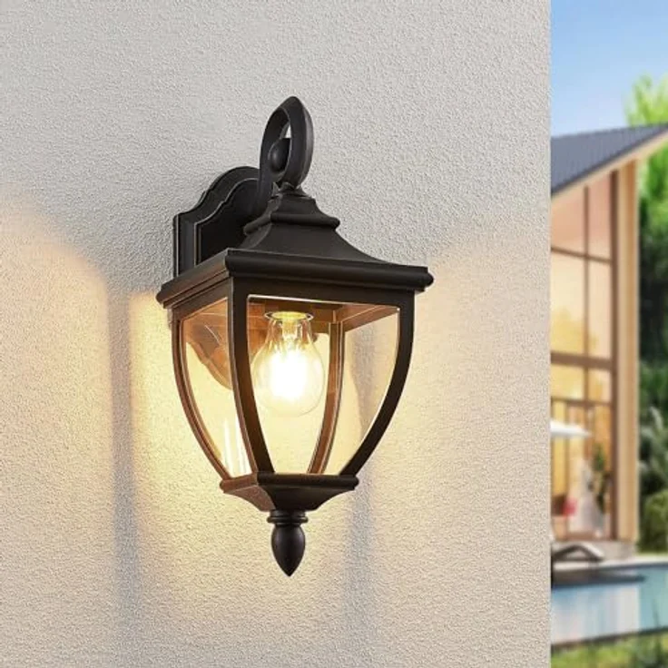 Lindby Cerys Wandleuchte außen, spritzwassergeschützt, Retro Vintage Antik, Schwarz, 1-flammig E27, ideal für Terrasse, Garten und Balkon – Bild 3