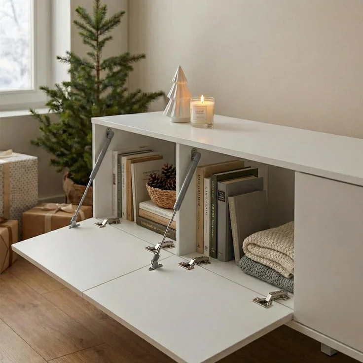 Dmora - Fernsehschrank Randfontein, Ständer für Wohnzimmerfernseher, Niedriges Wohnzimmer-Sideboard, TV-Ständerbasis, Made in Italy, 225x38h39 cm, Glänzendes Weiß – Bild 5