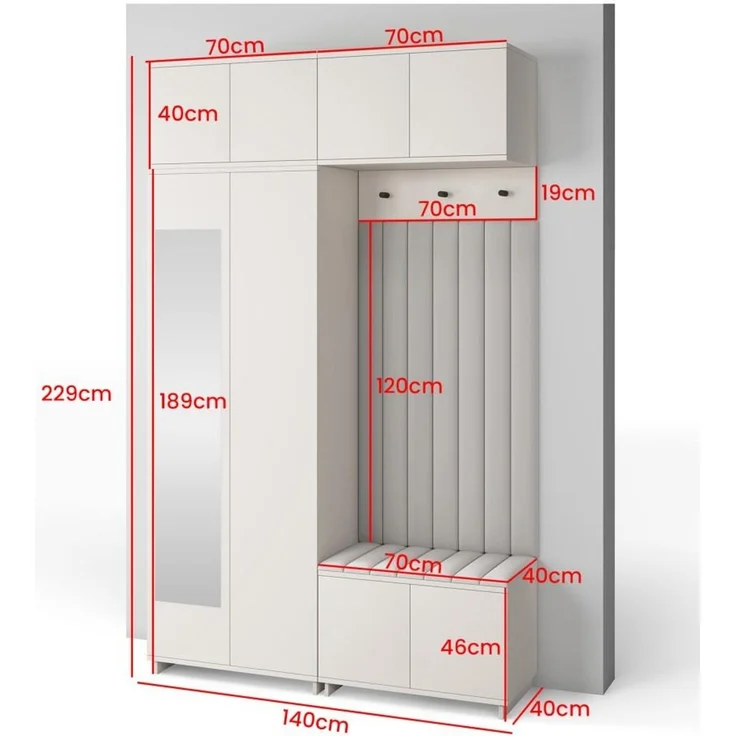 Garderoben-Set Napoli Version 11: Kleiderschrank mit Polsterpaneelen, Schuhschrank und Schrankaufsatz Flur und Eingangsbereich (Cashmere/Trinity 02), 229 x 40 x 140 cm – Bild 5