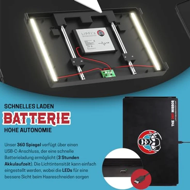 LIPFISBARBERSHOP.COM 360 Grad-LED-Spiegel mit Teleskophaken, Selbsthaarschnitt-Spiegel für Männer, 3-fach verstellbar, wiederaufladbare Lithium-Batterie, 100% Spiegelgläser – Bild 5