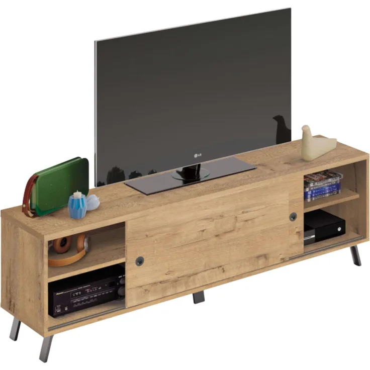 Muebles Pitarch | TV-Schrank mit Beinen, 2 Schiebetüren, industrieller Fernsehschrank, Eiche Gold und Schwarz, 52 x 160 x 40 cm, Wohnzimmermodul, Modern, Modell Kamet