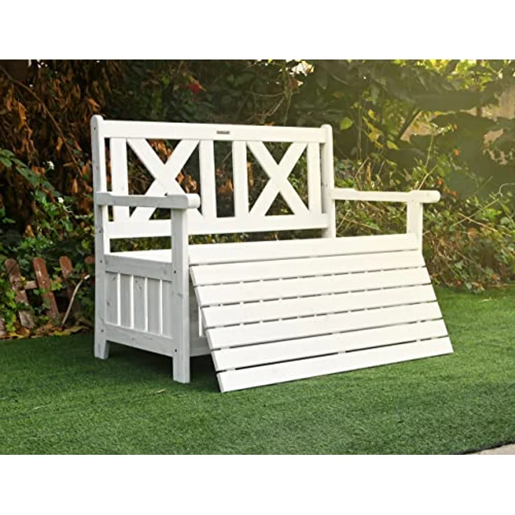 needs&wants Chesty2 Gartenbank Holz wetterfest, 2-Sitzer Truhenbank mit Stauraum und Abdeckung, Massivholz Weiß, 115 cm breit – Bild 2