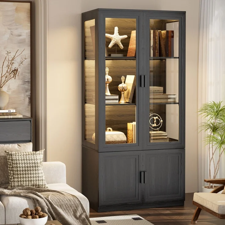 Vitrinenschrank mit 3 offenen Regalen und Acryl-Türen, LED-Beleuchtung und Magnetverschluss, Schwarz – Bild 3