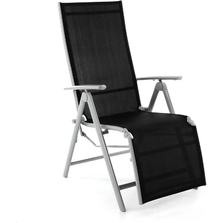 VCM Gartenliege Sonnenliege Relaxliege, klappbar, schwarz mit grauem Aluminiumrahmen, Maße H. 113 x B. 59 x T. 74 cm, 7-fach verstellbare Rückenlehne, bis 110 kg belastbar