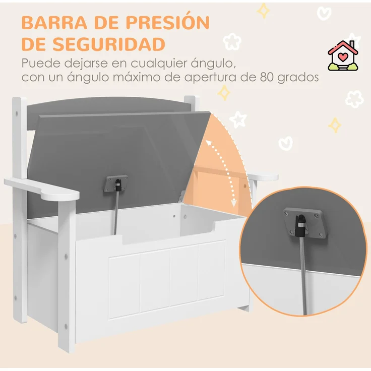 JARDJ Kinder-Aufbewahrungsbank mit Rückenlehne und Soft-Close-Deckel, Tragkraft 30 kg, für Spielzimmer, 68,5 x 34 x 58 cm, Grau und Weiß – Bild 8