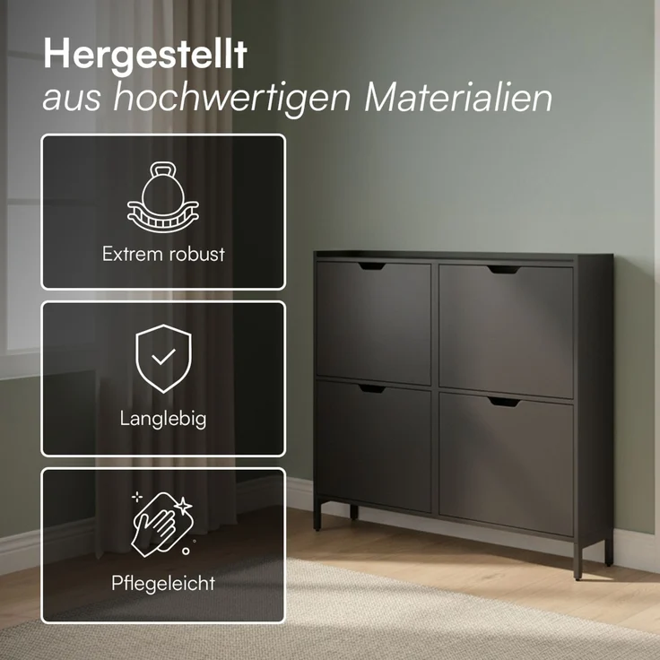 Bellamio 'Ceyhan' Schuhschrank mit 4 Klappen, schmales Schuhregal, schwarz, 100x19x90 cm, Schuhkipper für 8 paar Schuhe – Bild 5