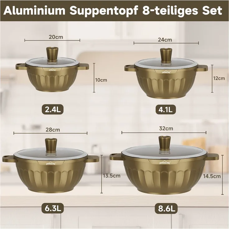 HOMELUX 8-tlg Topf-Set, Induktionsgeeignetes Aluminium Kochtopf Set mit Antihaft-Beschichtung, 20/24/28/32 cm Töpfe mit Deckel