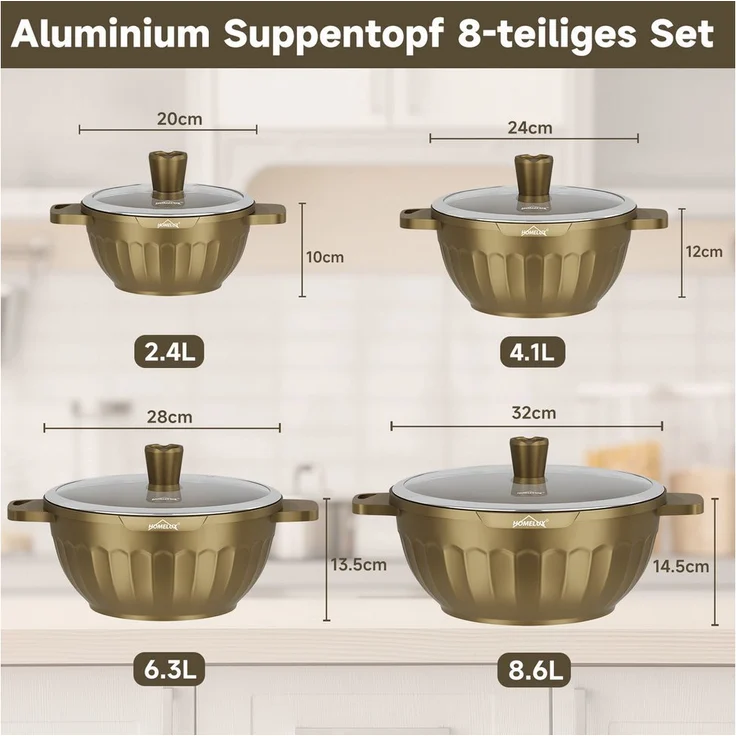 HOMELUX 8-tlg Topf-Set, Induktionsgeeignetes Aluminium Kochtopf Set mit Antihaft-Beschichtung, 20/24/28/32 cm Töpfe mit Deckel
