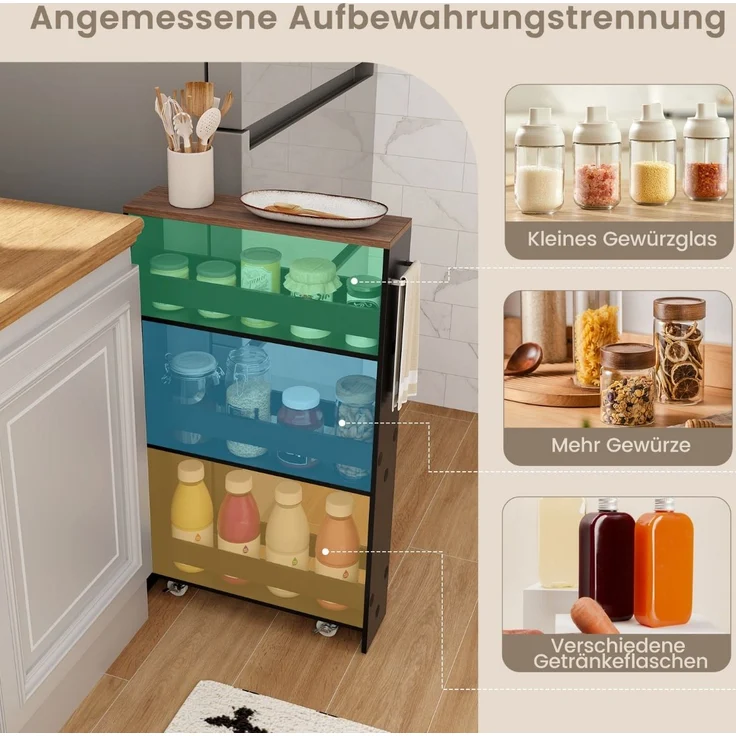 4 Ebenen Nischenregal auf Rollen aus Holz mit Griff Küchenwagen 48 x 13 x 81 cm Schwarz + Braun – Bild 2