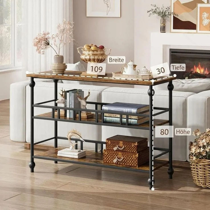 GarveeMore Konsolentisch 3-stufiger schmaler Beistelltisch mit Stauraum,109x30x80cm, Sofatisch für Wohnzimmer,Foyer,Flur,Eingang – Bild 2