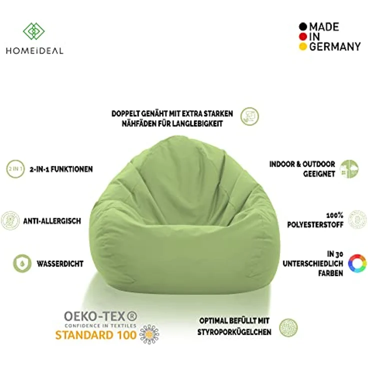 HomeIdeal - Sitzsack XXL Bodenkissen für Erwachsene & Kinder - Geeignet für Gaming oder Entspannen - Indoor wie Outdoor da er Wasserfest ist - mit EPS Perlen, Farbe:Limettengrün, Größe:XXL – Bild 3