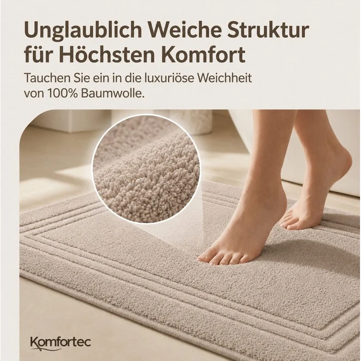 Komfortec Badematte Badvorleger aus 100% Baumwolle, Waschbar Duschmatte, Frottee, Rechteckig, 600 g/m², 2er Set, Saugfähig & Schnelltrocknend – Bild 2