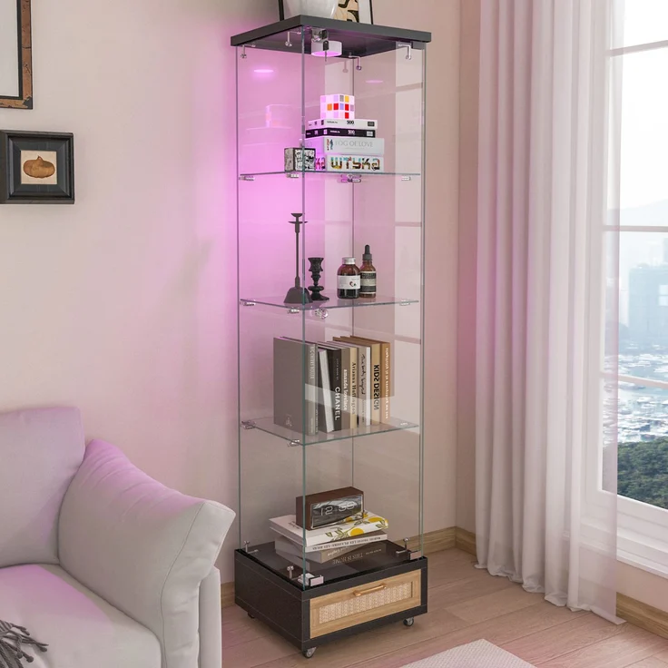 Vitrine 42,5x36,5x167 cm in Schwarz mit LED, Glastür und Schubladen – Bild 4