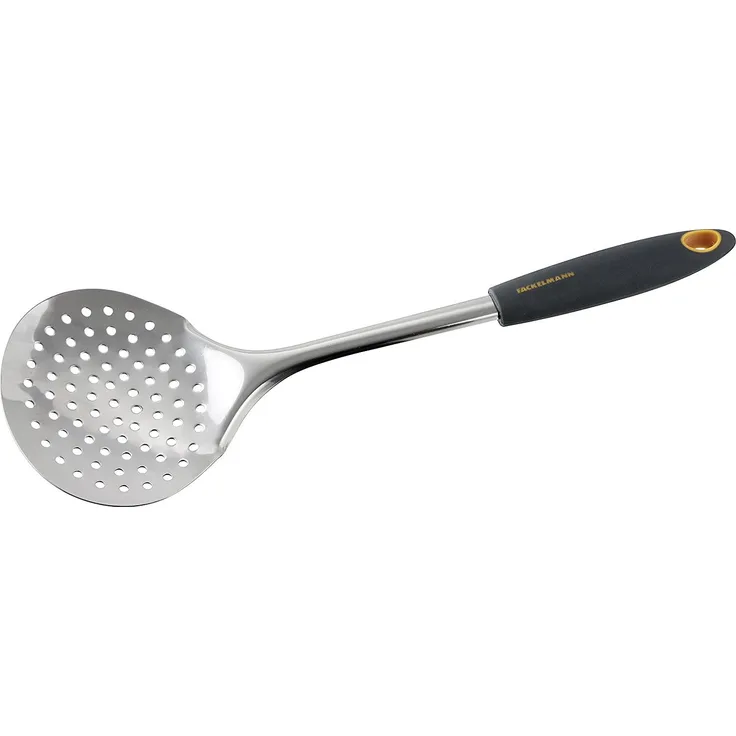 Fackelmann Abseihlöffel 34 cm SOFT, Küchenhelfer mit Funktionsteil aus Edelstahl, Schaumlöffel mit ergonomischen Griff (Farbe: Orange-Grau), Menge: 1 Stück