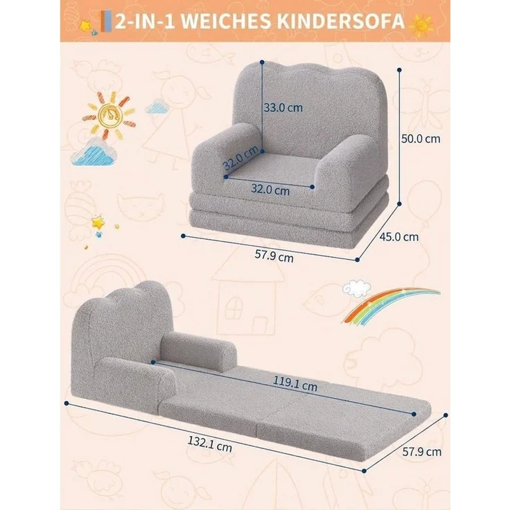 GarveeMore Kindersofa 2-in-1 Schlafsofa Sofabett Klappsofa für Kinder aus Teddystoff – Bild 3